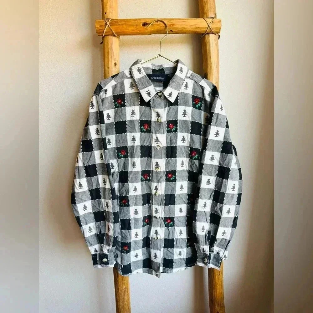 Vintage 90s Donnkenny Black and White Plaid Christmas Button Down Size: L
